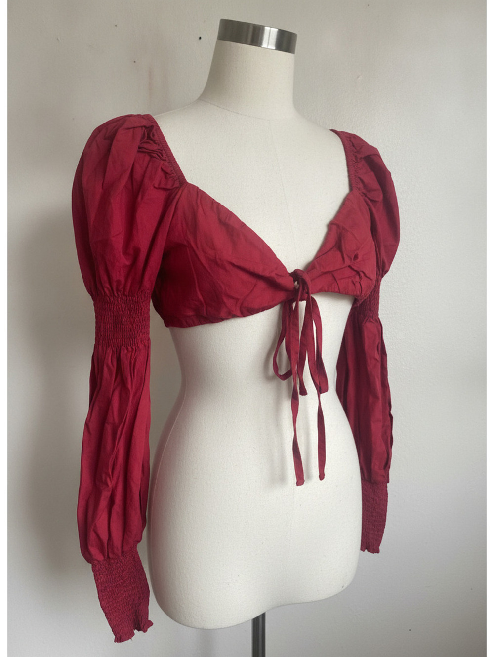 Red long sleeve micro milkmaid layering cottagecore fall ruched tie front crop L